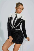 Vivienne – tailored boucle mini dress with pearl embellishments and blazer-style collar