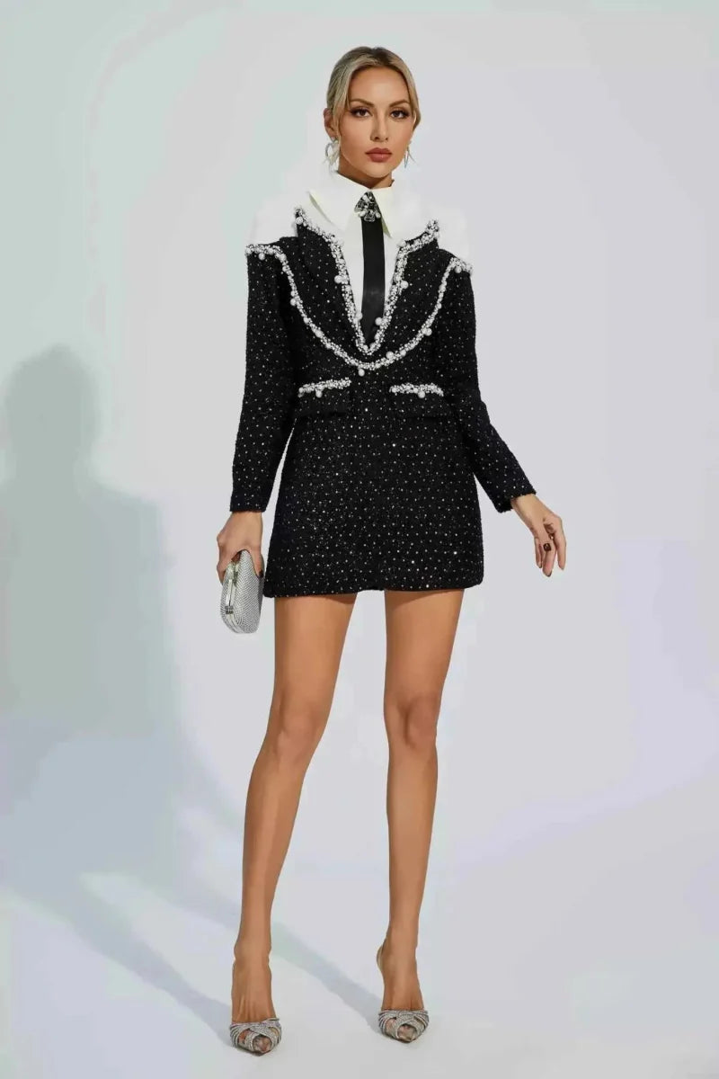 Vivienne – tailored boucle mini dress with pearl embellishments and blazer-style collar