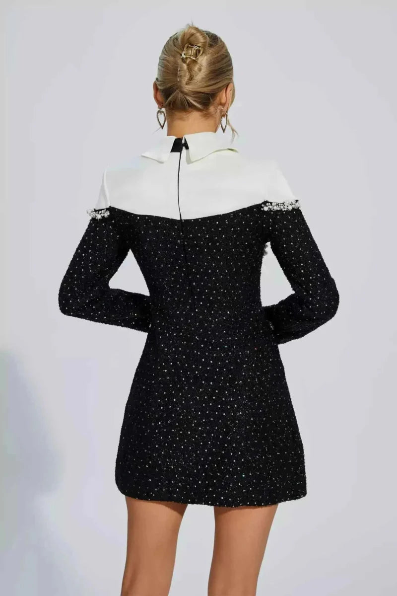 Vivienne – tailored boucle mini dress with pearl embellishments and blazer-style collar