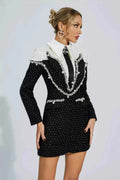 Vivienne – tailored boucle mini dress with pearl embellishments and blazer-style collar