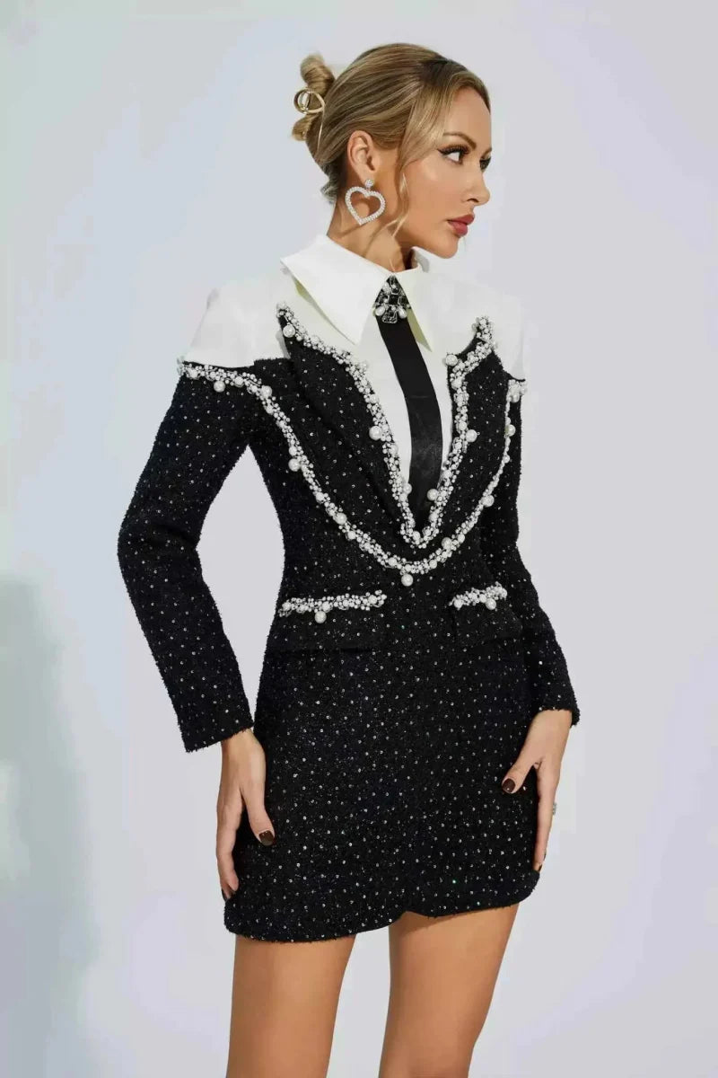 Vivienne – tailored boucle mini dress with pearl embellishments and blazer-style collar