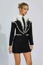 Vivienne – tailored boucle mini dress with pearl embellishments and blazer-style collar